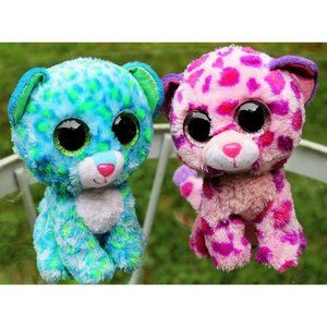 2 TY Beanie Boos Blue Pink Cat Leopard Leona Glamo